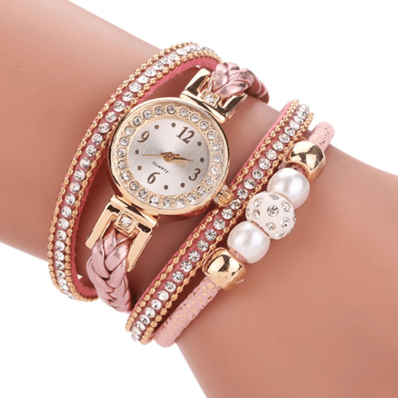 Mode Style Femmes Perle Tressé Alliage Femmes Montre-bracelet Laides Robe Quartz Montre Bracelet