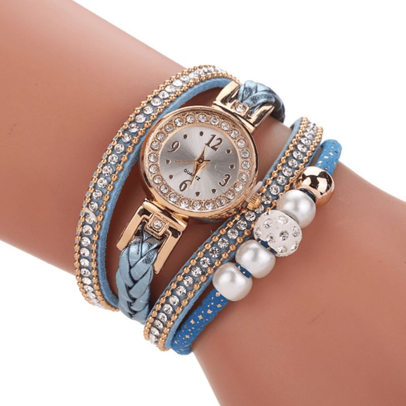 Mode Style Femmes Perle Tressé Alliage Femmes Montre-bracelet Laides Robe Quartz Montre Bracelet