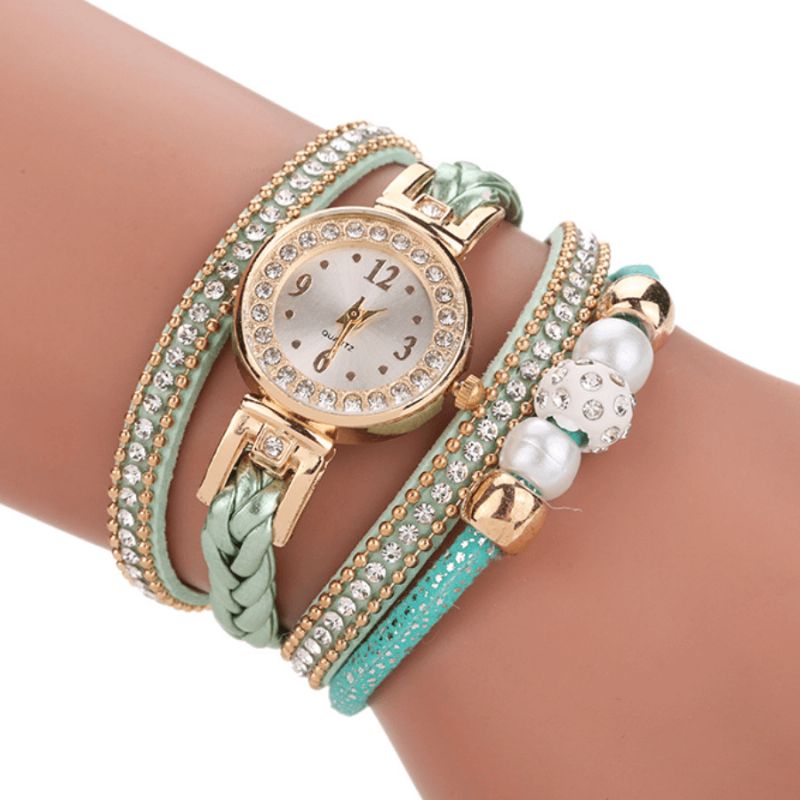 Mode Style Femmes Perle Tressé Alliage Femmes Montre-bracelet Laides Robe Quartz Montre Bracelet