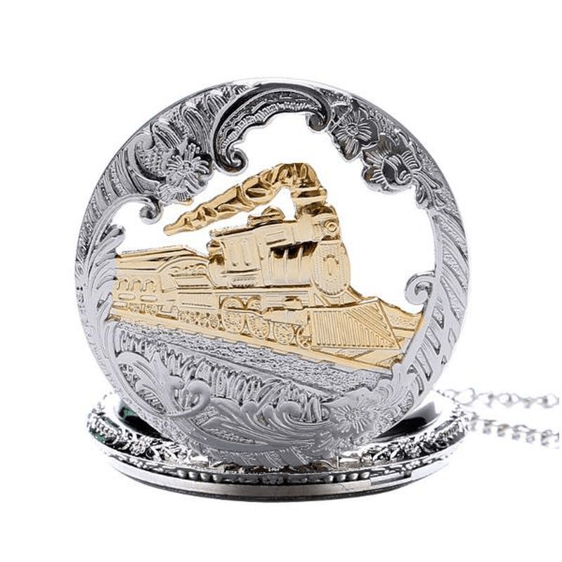 Mode Train Sculpté Ouvrable Creux Steampunk Montre De Poche Charmant Collier Montre À Quartz