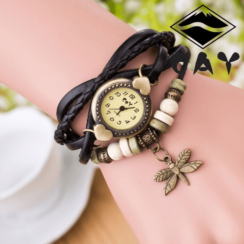 Mode Vintage Multicouche Libellule Pendentif Bracelet Perlé Montre À Quartz Montre-bracelet