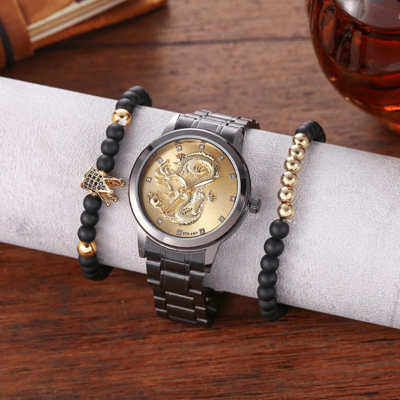 Montre D'affaires En Alliage D'acier Inoxydable Avec Motif De Dragon Pour Hommes Bracelet De Montre À Quartz Avec Pointeur Décoré