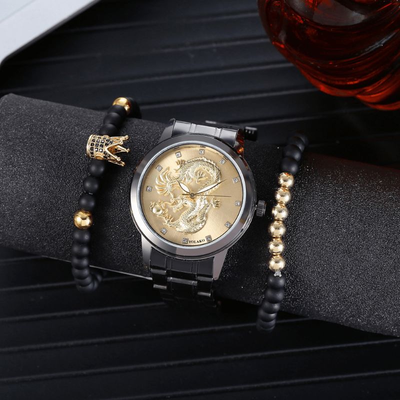 Montre D'affaires En Alliage D'acier Inoxydable Avec Motif De Dragon Pour Hommes Bracelet De Montre À Quartz Avec Pointeur Décoré