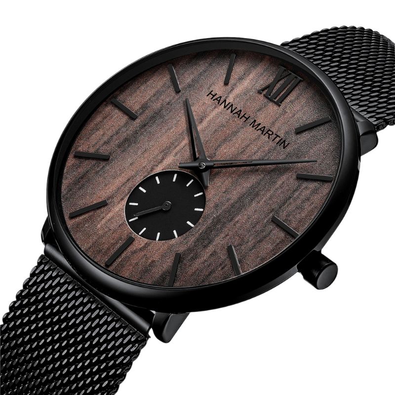 Montre D'affaires Ultra Mince Pour Hommes Grain De Bois D'ébène Cadran En Bois De Bambou Étanche Bracelet En Maille En Acier Inoxydable Montre À Quartz