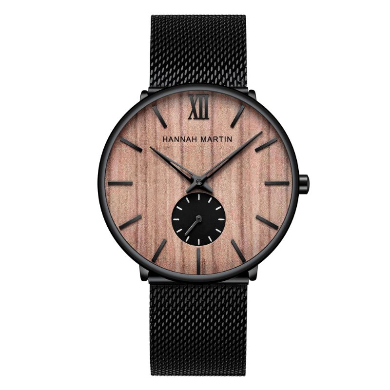 Montre D'affaires Ultra Mince Pour Hommes Grain De Bois D'ébène Cadran En Bois De Bambou Étanche Bracelet En Maille En Acier Inoxydable Montre À Quartz