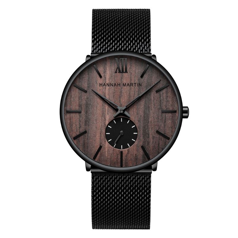 Montre D'affaires Ultra Mince Pour Hommes Grain De Bois D'ébène Cadran En Bois De Bambou Étanche Bracelet En Maille En Acier Inoxydable Montre À Quartz