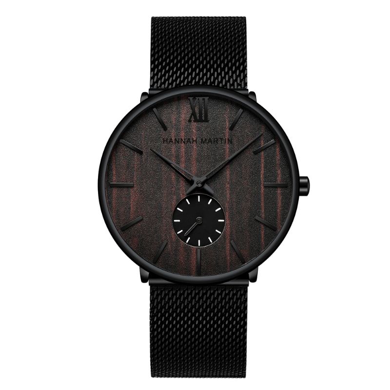 Montre D'affaires Ultra Mince Pour Hommes Grain De Bois D'ébène Cadran En Bois De Bambou Étanche Bracelet En Maille En Acier Inoxydable Montre À Quartz