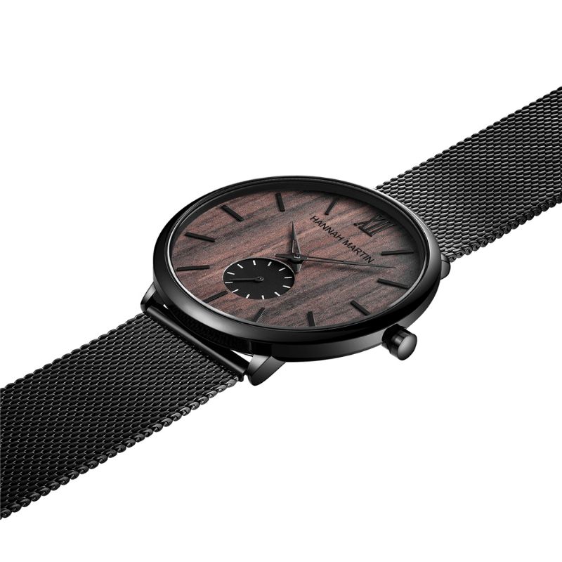 Montre D'affaires Ultra Mince Pour Hommes Grain De Bois D'ébène Cadran En Bois De Bambou Étanche Bracelet En Maille En Acier Inoxydable Montre À Quartz