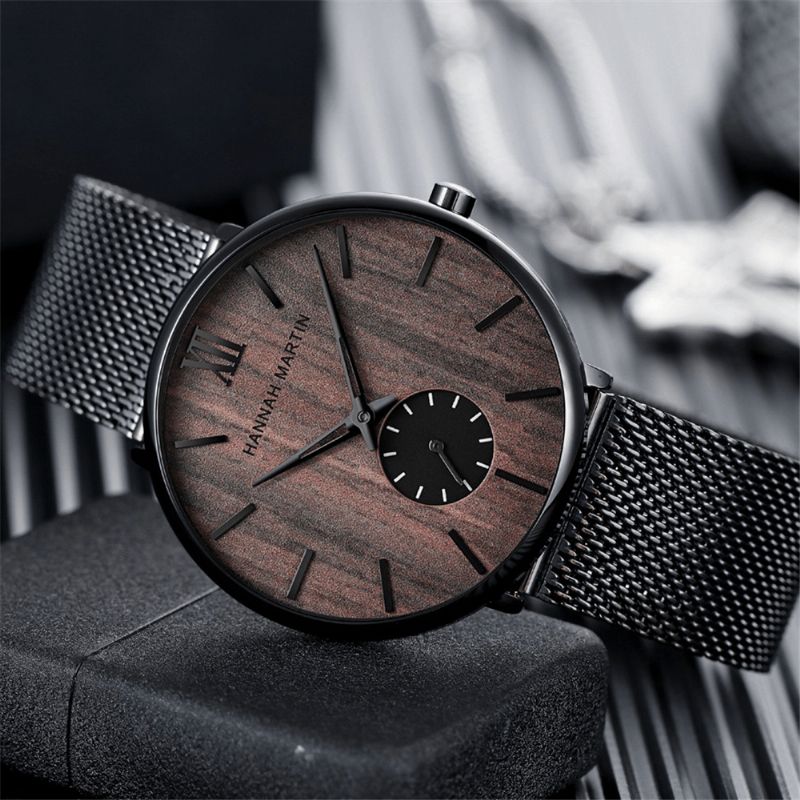 Montre D'affaires Ultra Mince Pour Hommes Grain De Bois D'ébène Cadran En Bois De Bambou Étanche Bracelet En Maille En Acier Inoxydable Montre À Quartz