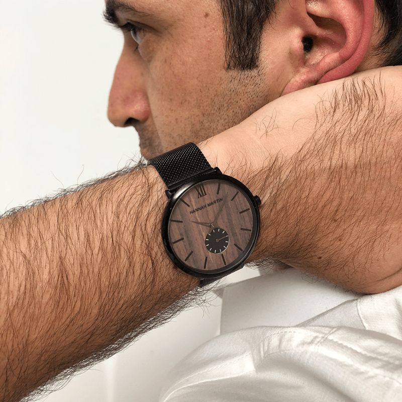 Montre D'affaires Ultra Mince Pour Hommes Grain De Bois D'ébène Cadran En Bois De Bambou Étanche Bracelet En Maille En Acier Inoxydable Montre À Quartz