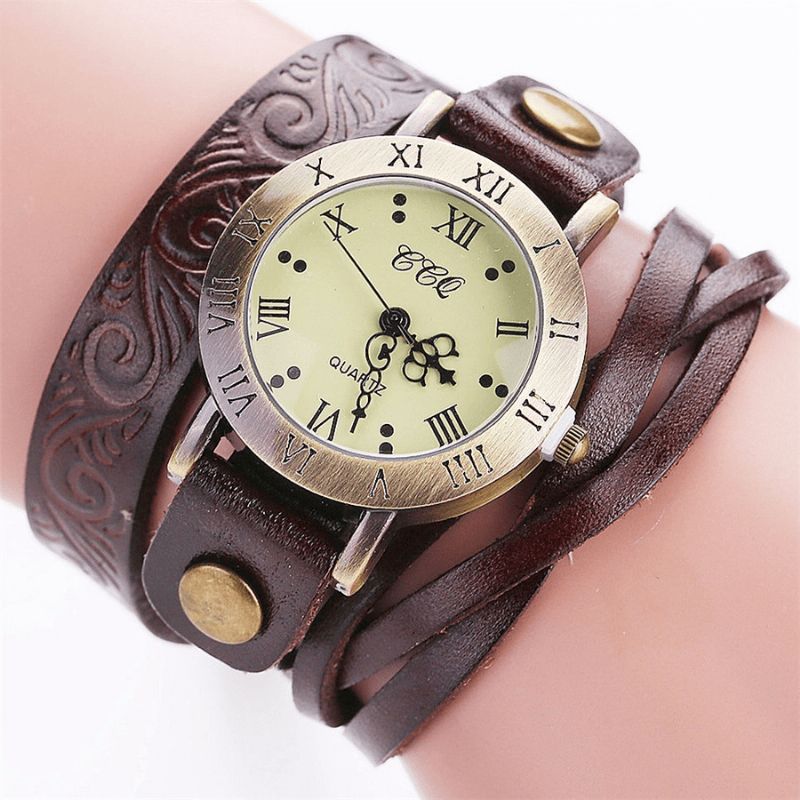 Montre-bracelet En Cuir À Chiffres Romains En Cuir De Vachette De Style Rétro Vintage Pour Femmes