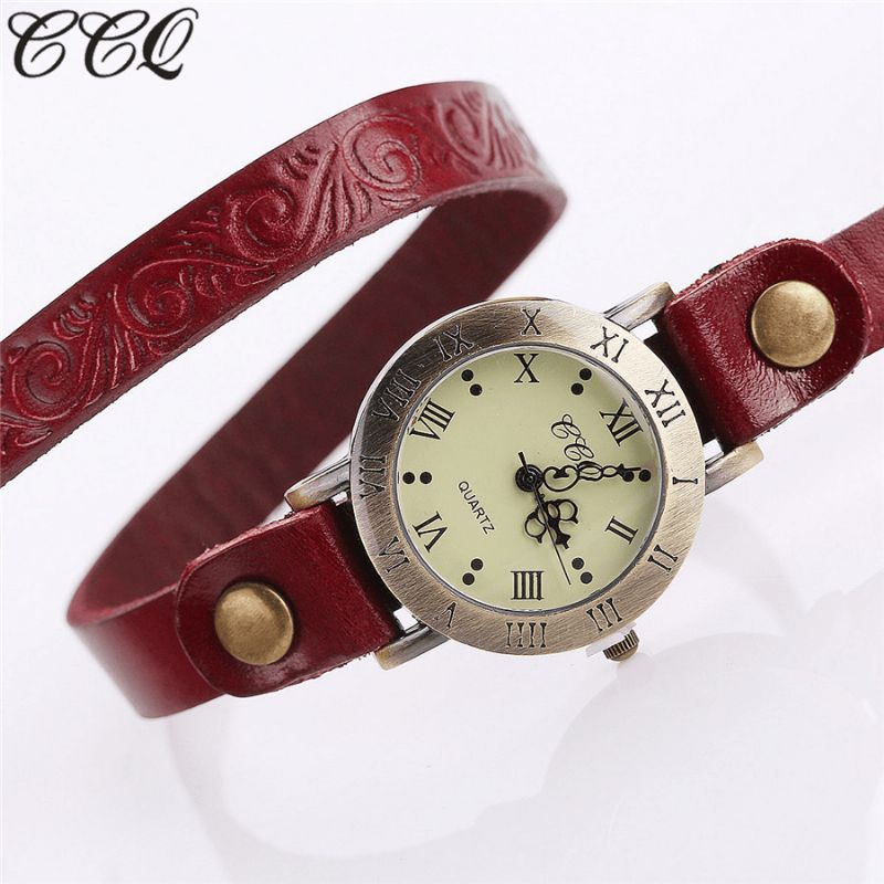 Montre-bracelet En Cuir À Chiffres Romains En Cuir De Vachette De Style Rétro Vintage Pour Femmes