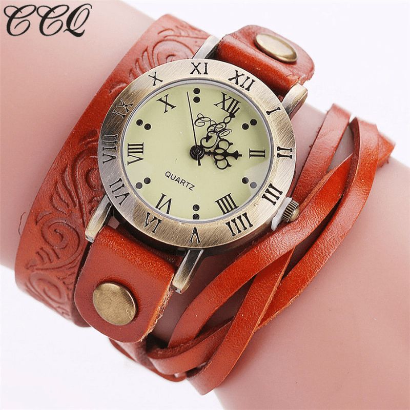 Montre-bracelet En Cuir À Chiffres Romains En Cuir De Vachette De Style Rétro Vintage Pour Femmes