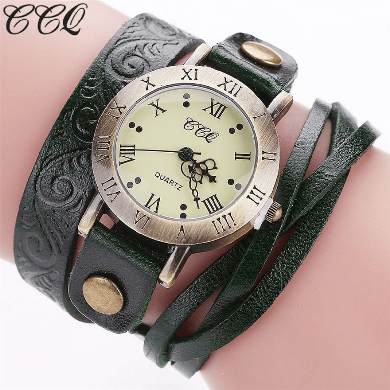 Montre-bracelet En Cuir À Chiffres Romains En Cuir De Vachette De Style Rétro Vintage Pour Femmes