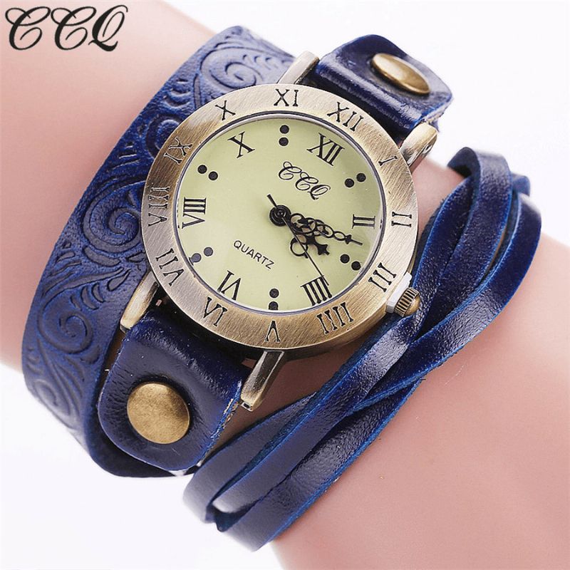 Montre-bracelet En Cuir À Chiffres Romains En Cuir De Vachette De Style Rétro Vintage Pour Femmes