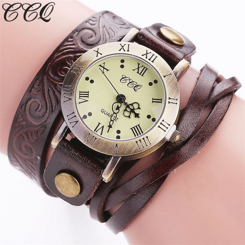 Montre-bracelet En Cuir À Chiffres Romains En Cuir De Vachette De Style Rétro Vintage Pour Femmes