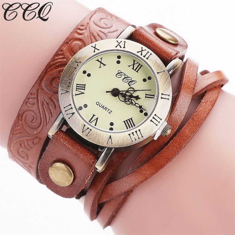 Montre-bracelet En Cuir À Chiffres Romains En Cuir De Vachette De Style Rétro Vintage Pour Femmes