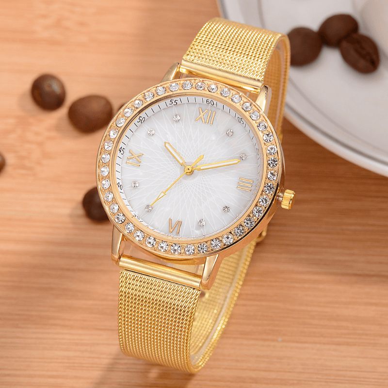 Montre-bracelet Pour Dames En Cristal De Style Décontracté De Montres À Quartz À Bande D'acier Complète