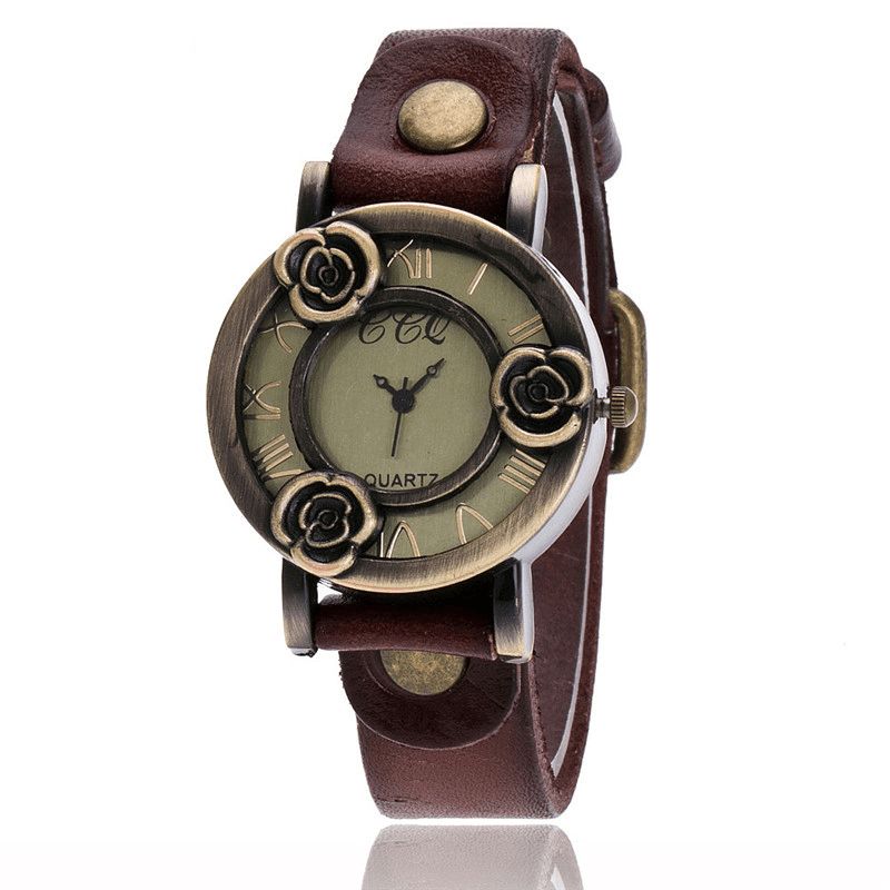 Montre-bracelet Pour Femme À Bande Mince Vintage Montre À Quartz À Cadran Creux Trois Roses