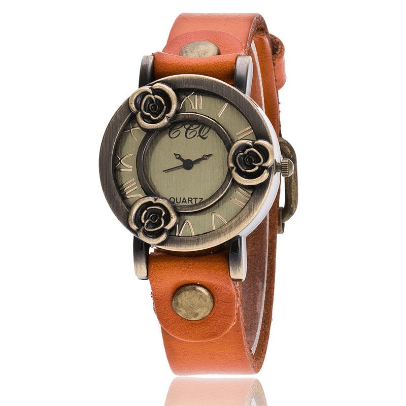 Montre-bracelet Pour Femme À Bande Mince Vintage Montre À Quartz À Cadran Creux Trois Roses