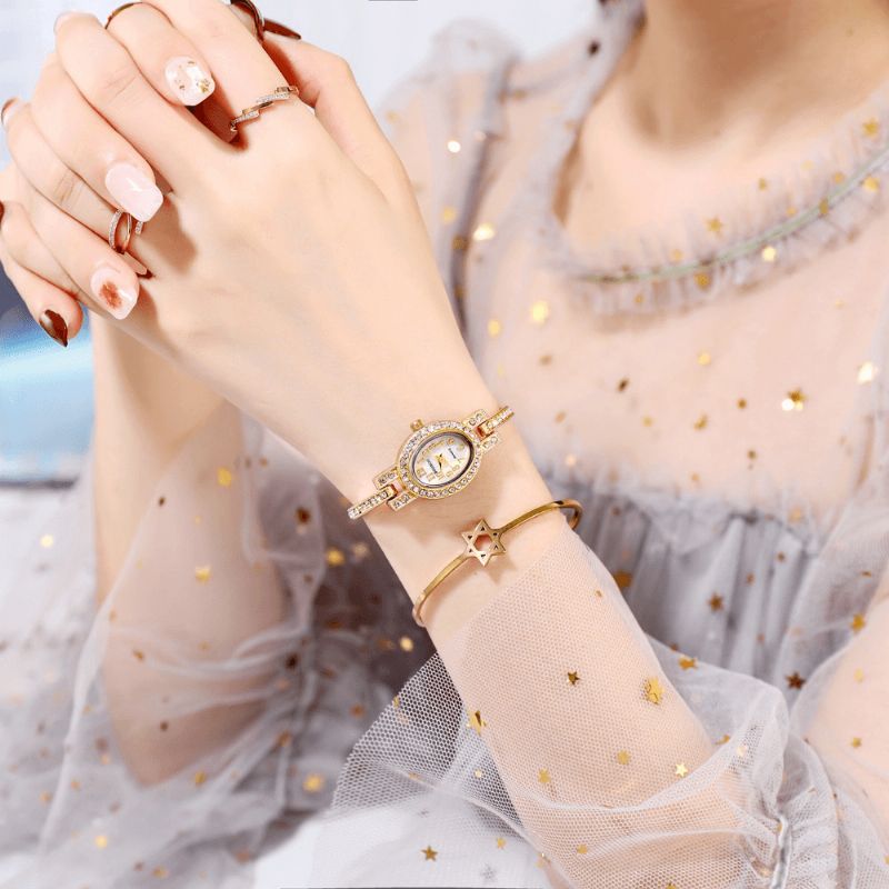 Montre-bracelet Ovale À Petit Cadran Serti De Diamants Pour Femmes À La Mode Décontractée