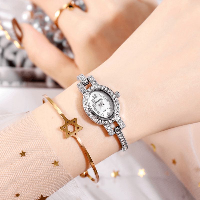 Montre-bracelet Ovale À Petit Cadran Serti De Diamants Pour Femmes À La Mode Décontractée