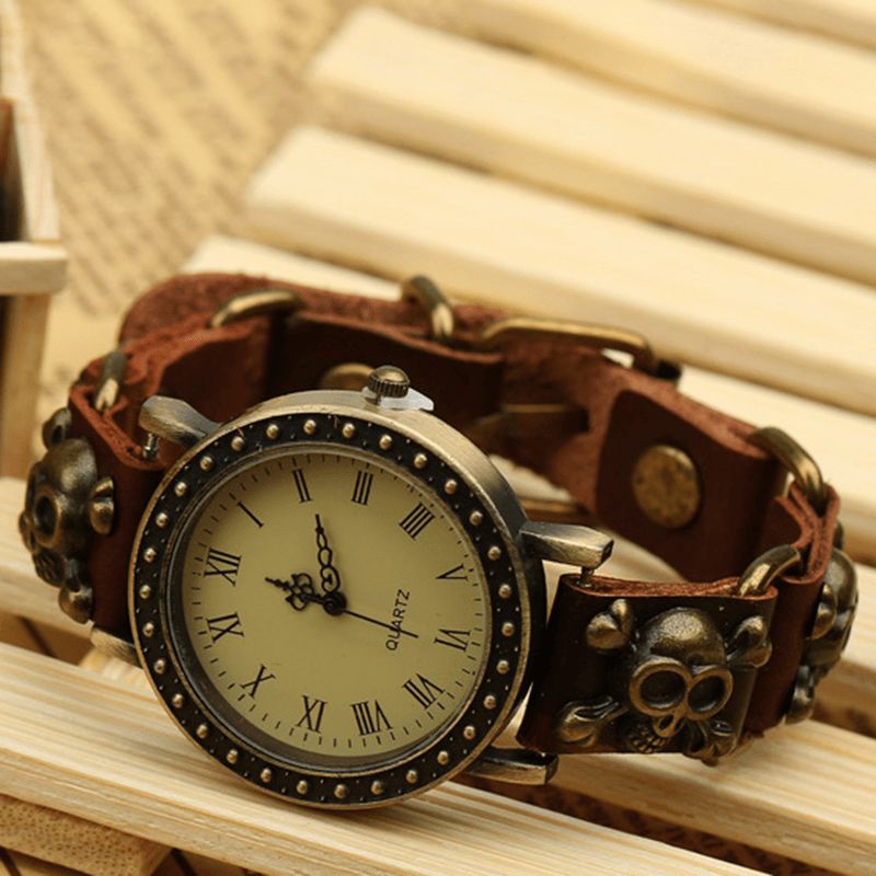 Montre Homme Style Rétro Vintage Montre Bracelet En Cuir De Vache Montre À Quartz Crâne Réglable