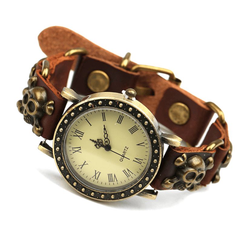 Montre Homme Style Rétro Vintage Montre Bracelet En Cuir De Vache Montre À Quartz Crâne Réglable