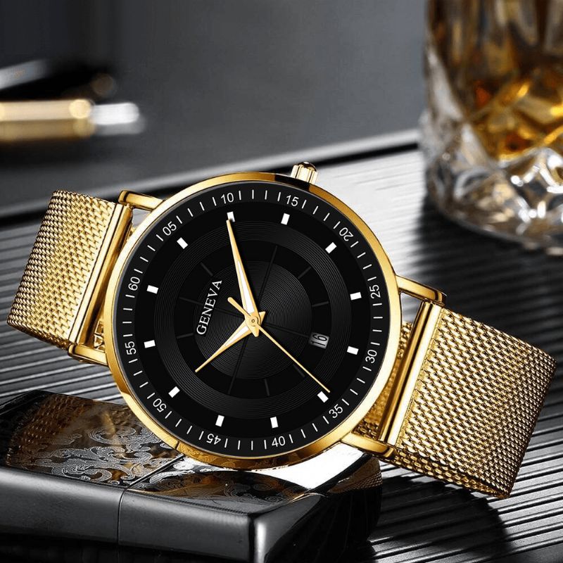 Montre À Quartz À Bracelet En Maille Multifonctionnelle En Alliage De Mode Décontractée Avec Pointeurs Lumineux