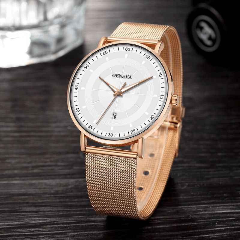 Montre À Quartz À Bracelet En Maille Multifonctionnelle En Alliage De Mode Décontractée Avec Pointeurs Lumineux