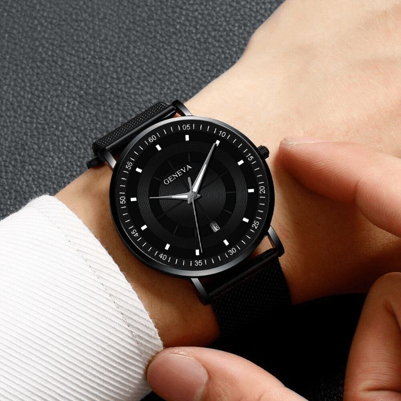 Montre À Quartz À Bracelet En Maille Multifonctionnelle En Alliage De Mode Décontractée Avec Pointeurs Lumineux