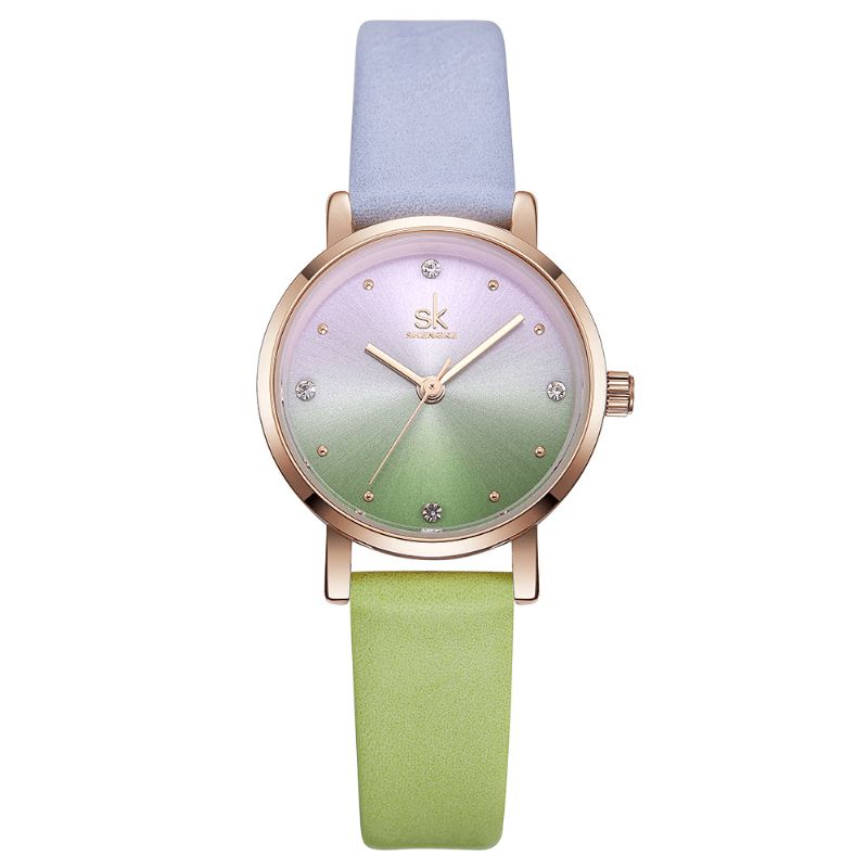 Montre À Quartz À Cadran En Cristal Pour Femmes De Luxe Avec Bracelet En Cuir Dégradé De Couleur À La Mode