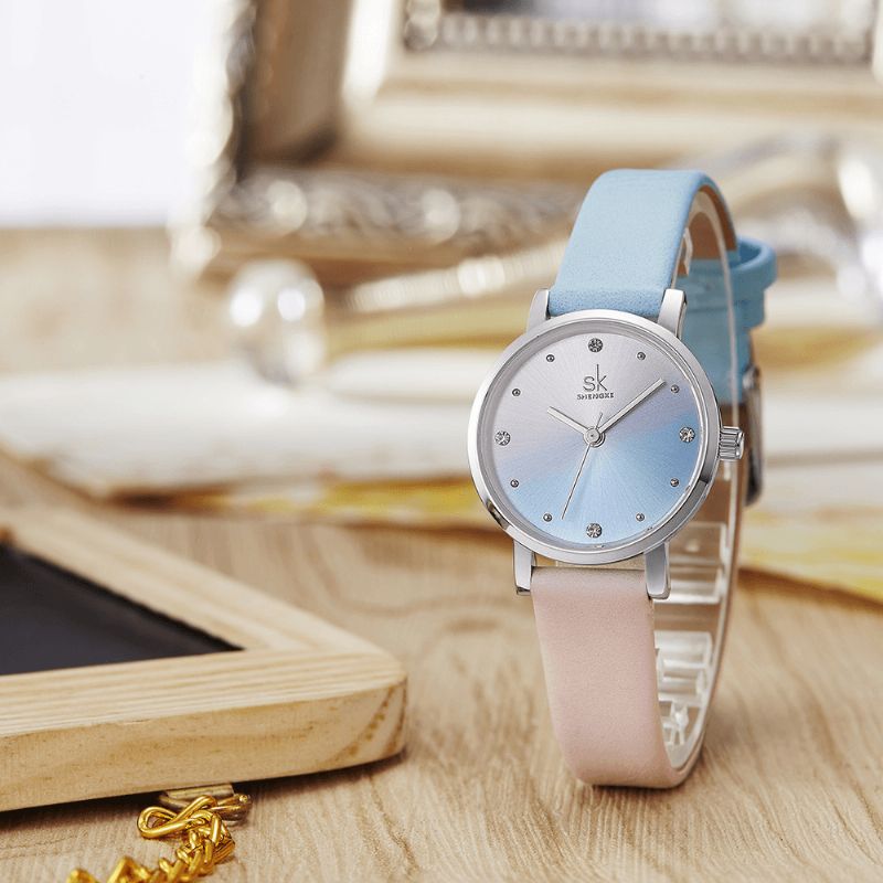 Montre À Quartz À Cadran En Cristal Pour Femmes De Luxe Avec Bracelet En Cuir Dégradé De Couleur À La Mode