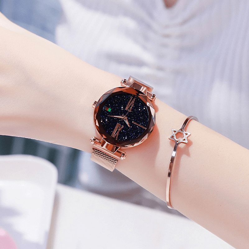 Montre À Quartz Pour Femme Avec Bracelet En Acier Milanais Magnétique Mode Star