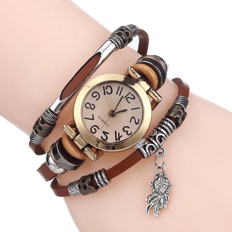 Montre À Quartz Tressé Vintage Petit Cadran Ceinture Mince Poisson Rouge Pendentif Ceinture Bracelet Montre