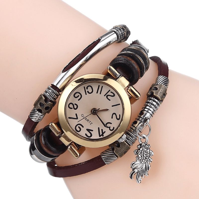 Montre À Quartz Tressé Vintage Petit Cadran Ceinture Mince Poisson Rouge Pendentif Ceinture Bracelet Montre