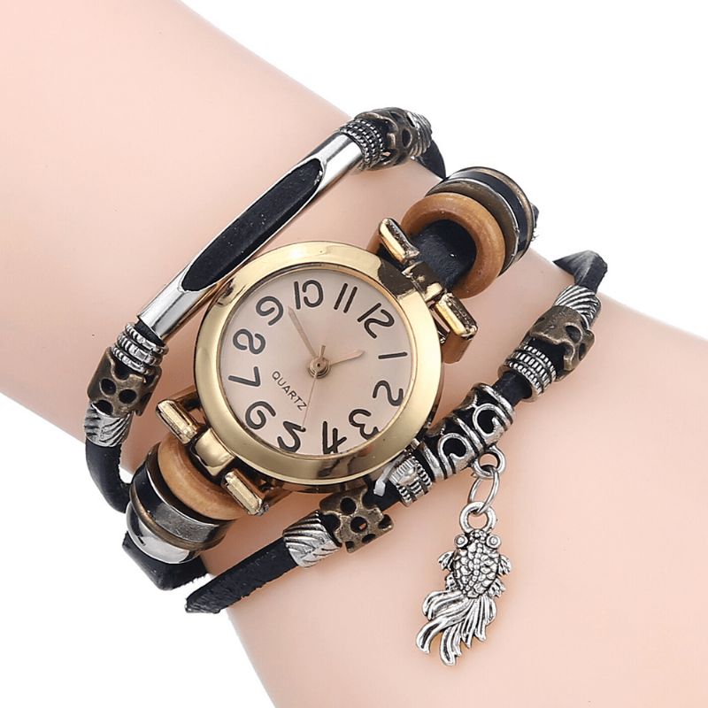 Montre À Quartz Tressé Vintage Petit Cadran Ceinture Mince Poisson Rouge Pendentif Ceinture Bracelet Montre