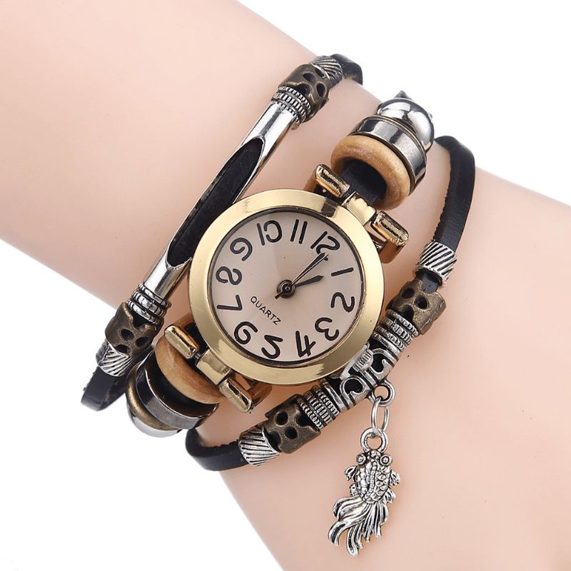 Montre À Quartz Tressé Vintage Petit Cadran Ceinture Mince Poisson Rouge Pendentif Ceinture Bracelet Montre