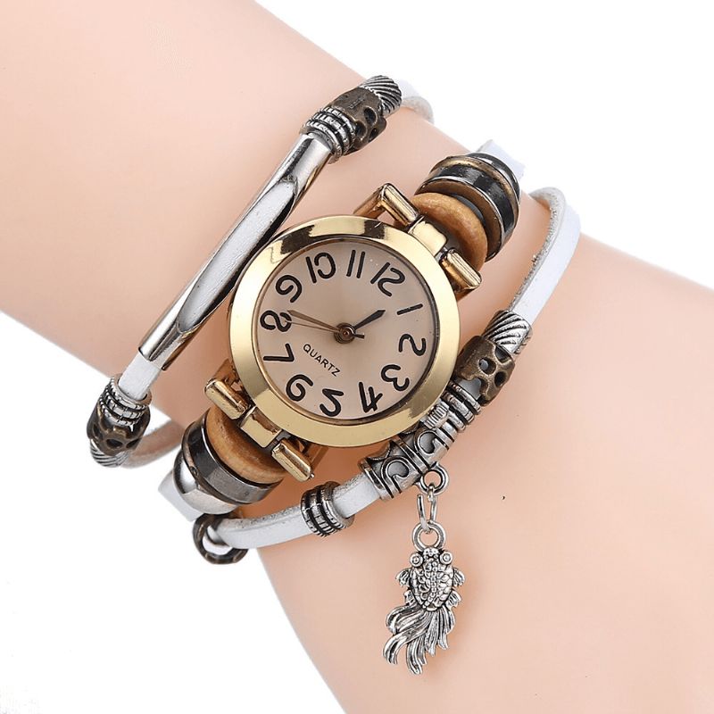 Montre À Quartz Tressé Vintage Petit Cadran Ceinture Mince Poisson Rouge Pendentif Ceinture Bracelet Montre