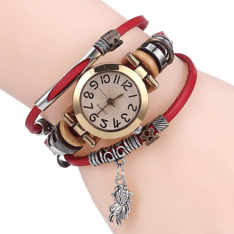 Montre À Quartz Tressé Vintage Petit Cadran Ceinture Mince Poisson Rouge Pendentif Ceinture Bracelet Montre