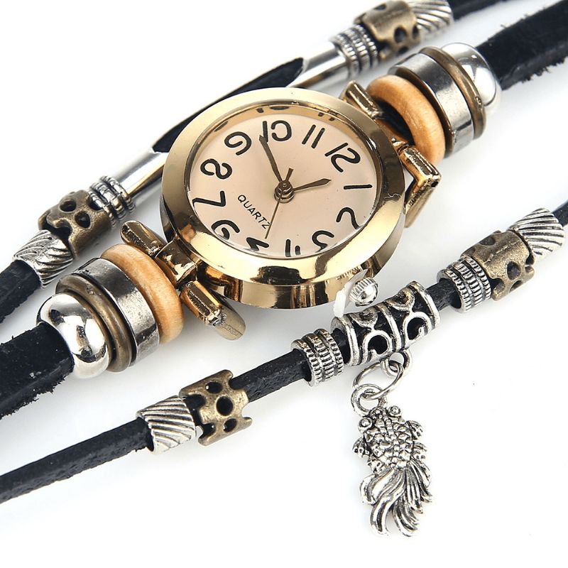 Montre À Quartz Tressé Vintage Petit Cadran Ceinture Mince Poisson Rouge Pendentif Ceinture Bracelet Montre