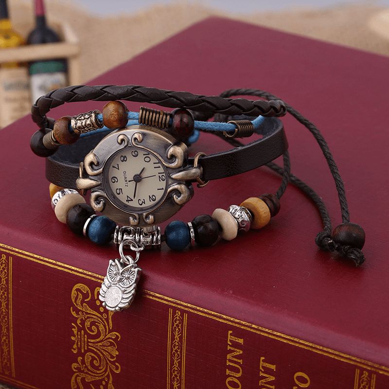 Montre À Quartz Tressée Vintage De Style Rétro Montre-bracelet Pendentif Hibou En Cuir Perlé Atmosphérique