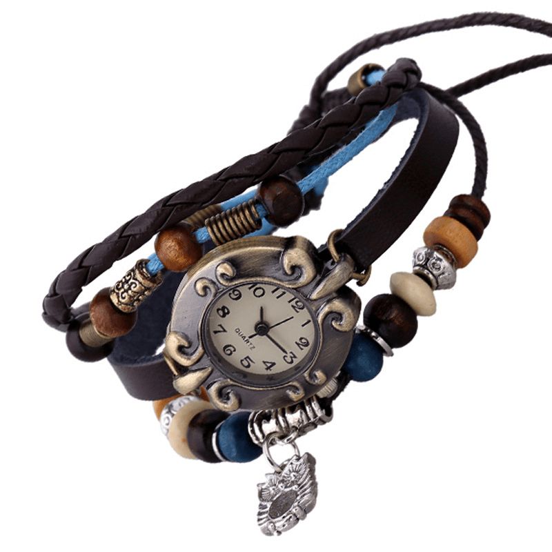 Montre À Quartz Tressée Vintage De Style Rétro Montre-bracelet Pendentif Hibou En Cuir Perlé Atmosphérique