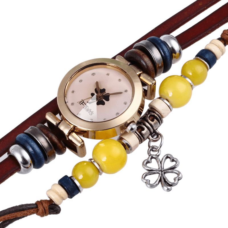 Montre À Quartz Vintage De Style Rétro Décoré Pointeur Trèfle À Quatre Feuilles Pendentif Perlé Montre Bracelet Multicouche