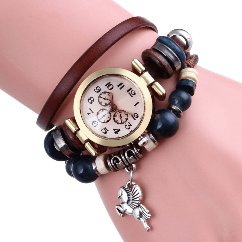 Montre À Quartz Vintage De Style Rétro Décoré Pointeur Trèfle À Quatre Feuilles Pendentif Perlé Montre Bracelet Multicouche