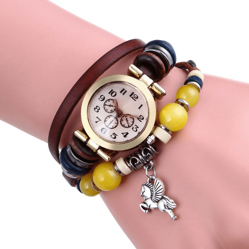 Montre À Quartz Vintage De Style Rétro Décoré Pointeur Trèfle À Quatre Feuilles Pendentif Perlé Montre Bracelet Multicouche