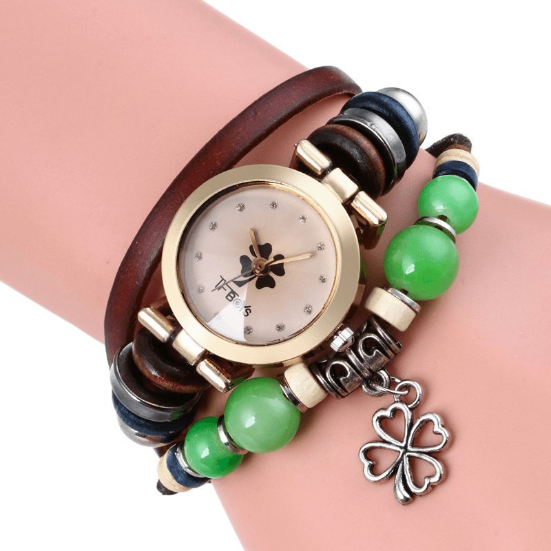 Montre À Quartz Vintage De Style Rétro Décoré Pointeur Trèfle À Quatre Feuilles Pendentif Perlé Montre Bracelet Multicouche