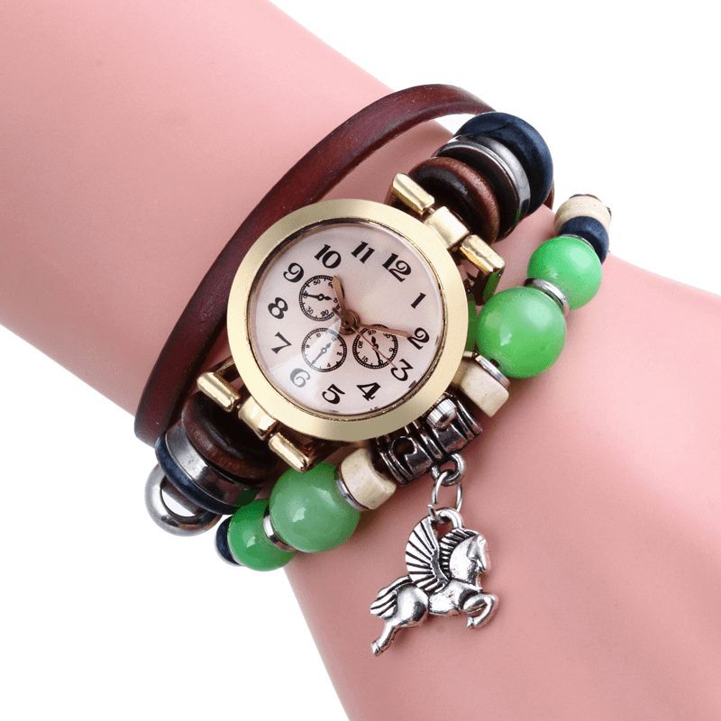 Montre À Quartz Vintage De Style Rétro Décoré Pointeur Trèfle À Quatre Feuilles Pendentif Perlé Montre Bracelet Multicouche