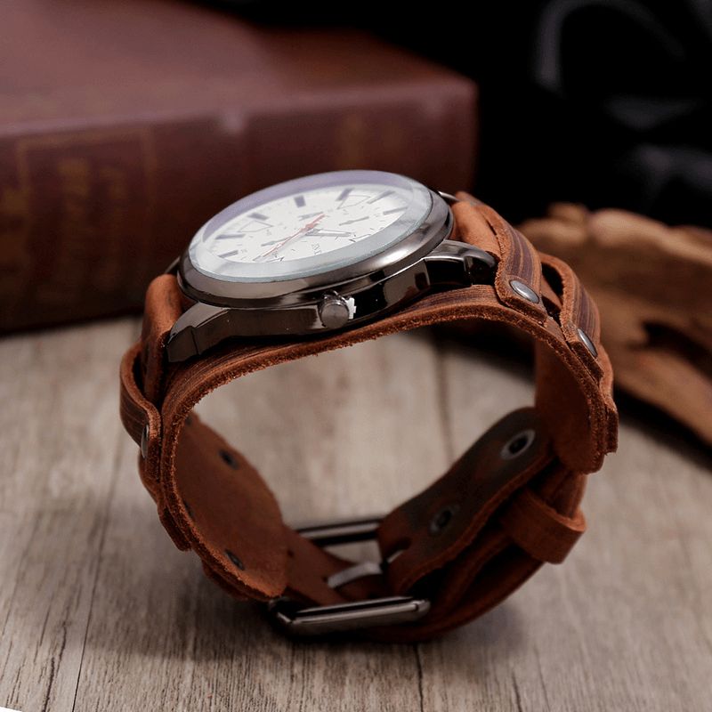 Montre De Style Militaire En Cuir De Vache Vintage Avec Bande Réglable Pour Homme Montre À Quartz