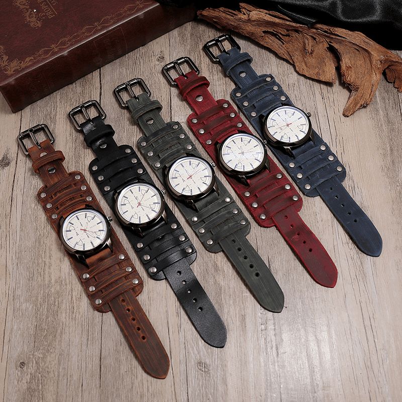 Montre De Style Militaire En Cuir De Vache Vintage Avec Bande Réglable Pour Homme Montre À Quartz